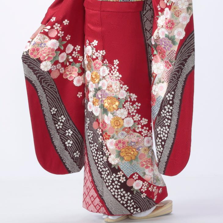 京都きもの友禅 振袖 中古 フルセット 成人式 Lサイズ 絞り 赤・ワイン