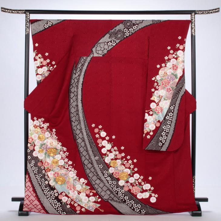 京都きもの友禅 振袖 中古 フルセット 成人式 Lサイズ 絞り 赤・ワイン