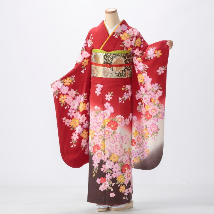 京都きもの友禅 振袖 成人式 フルセット Sサイズ 花柄 赤・ワイン系