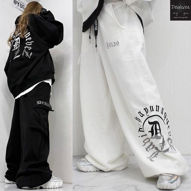 Dealivez Black Letter ワイドパンツ ALL刺繍 Sideロゴ 立体カーゴ
