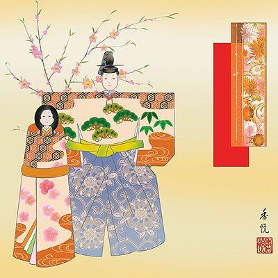 お雛様掛軸 (掛け軸) 西尾香悦 立雛 （尺八横）約横64.5×縦135cm d4203