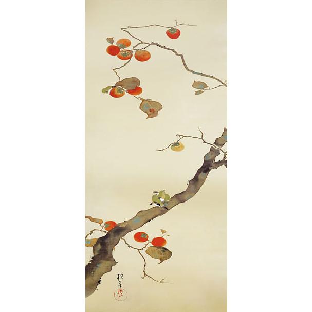 掛軸 掛け軸 本格ミニ掛軸 酒井抱一 柿に小禽図 約横28cm×縦90cm ミニ