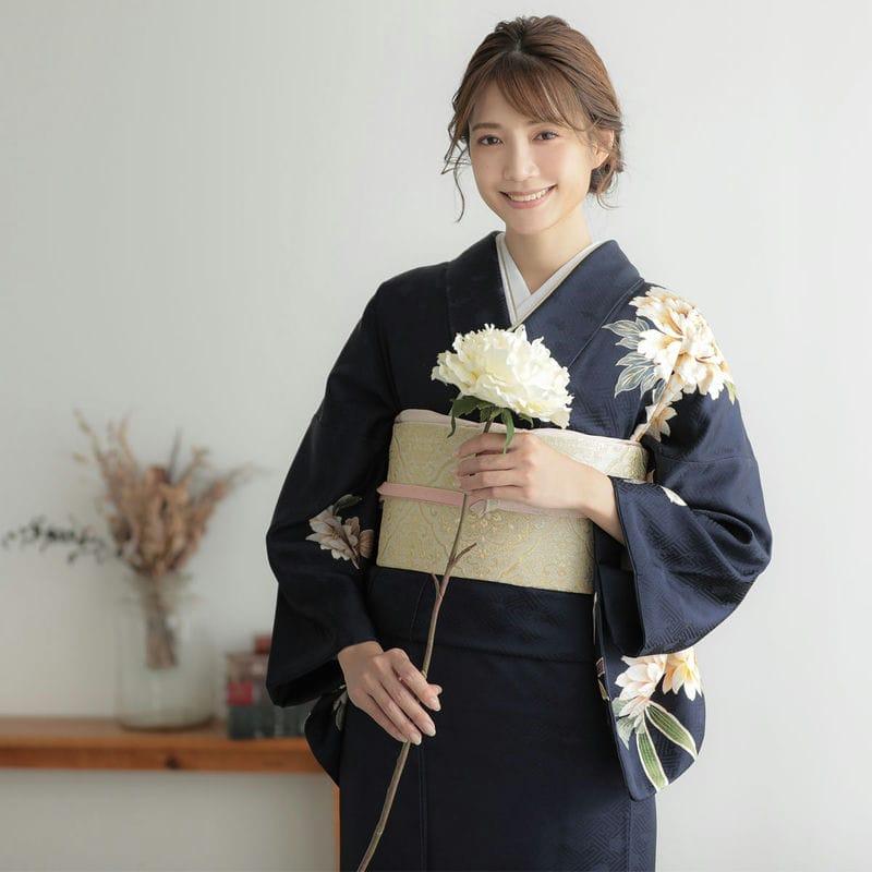 訪問着 レンタル 入学式 卒業式 結婚式 袷 紺 牡丹に笹 七五三 身長154