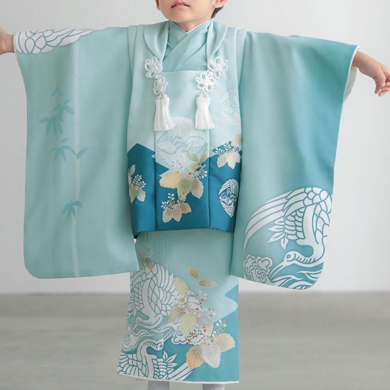 七五三 着物レンタル 3歳 753 男の子 フルセット 被布 水色 向かい鶴に
