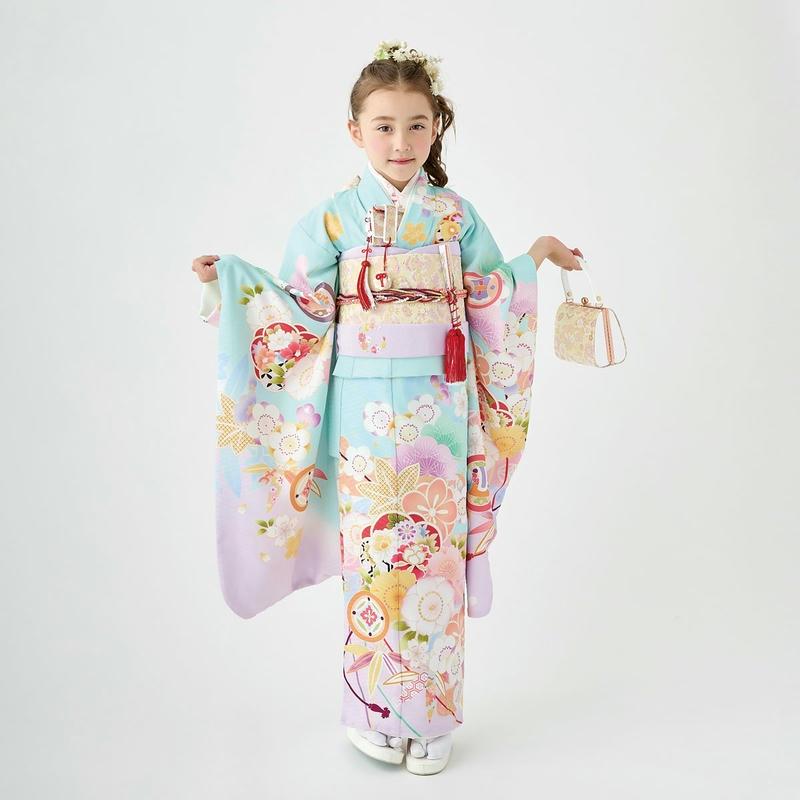 七五三 7歳着物 レンタル フルセット 式部浪漫 ブランド着物 水色x藤色