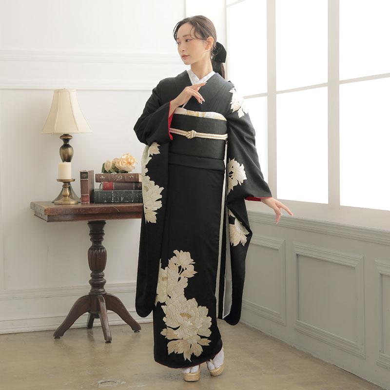 振袖 レンタル 成人式 結婚式 黒 牡丹12月〜1月利用 対応身長154