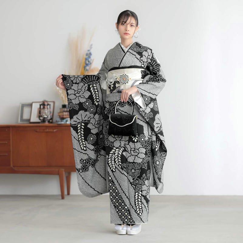 振袖 レンタル 成人式 結婚式 総絞り 黒 牡丹に藤12月〜1月利用 対応