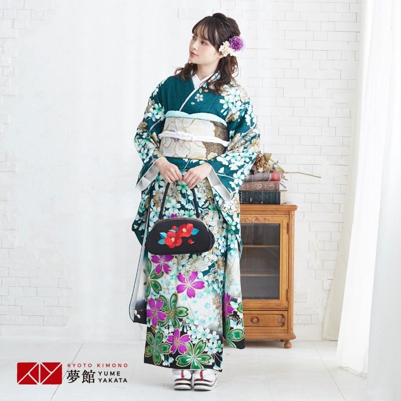 振袖 レンタル 成人式 結婚式 緑 枝垂桜に蝶(絹)12月〜1月利用 対応