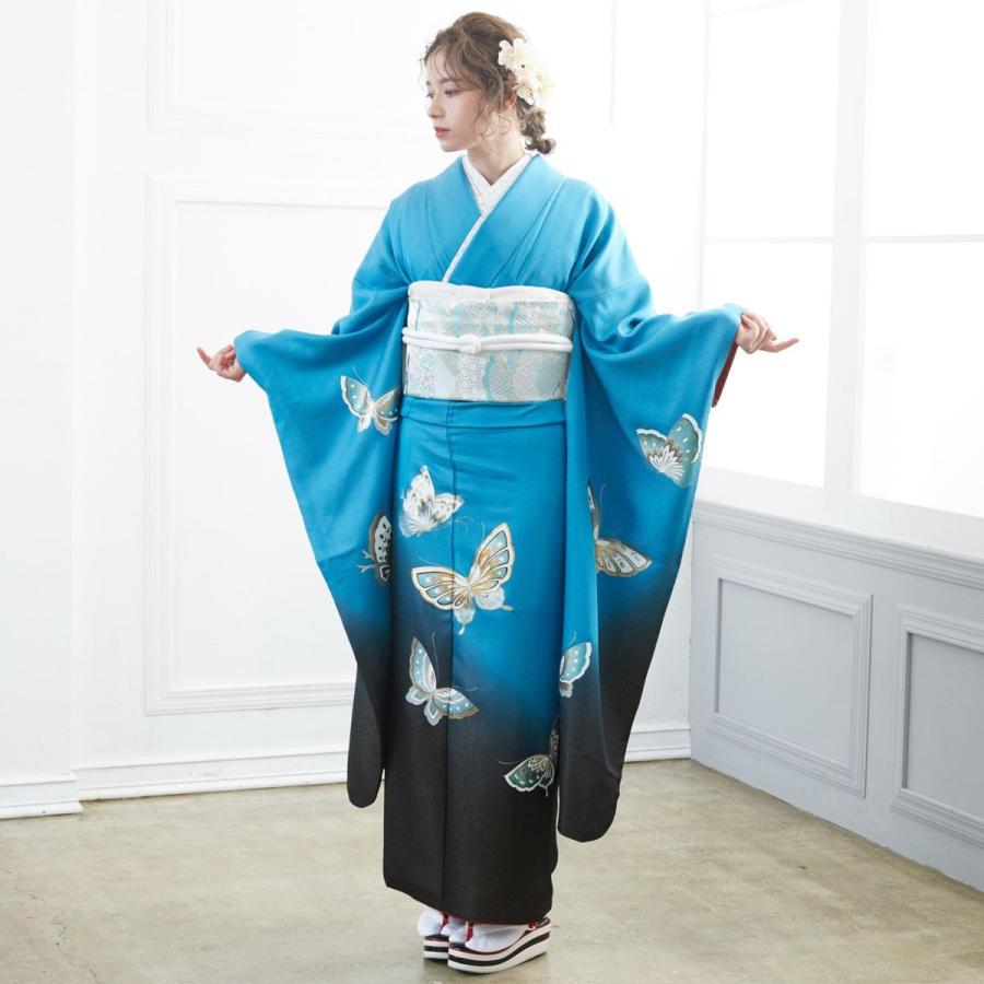 振袖 レンタル 成人式 結婚式 ブルー ラメ入り 金彩蝶(絹)(宅)モデル