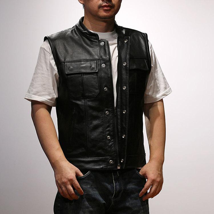 本革ベスト メンズ 牛革 マスタード ハーレー風 ベスト 大きいサイズ