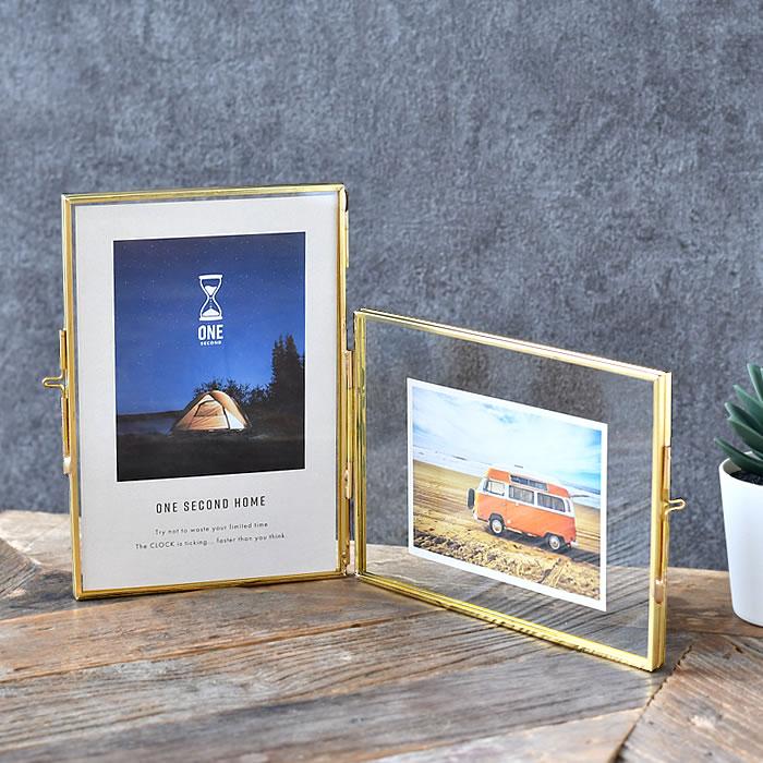 フォトフレーム おしゃれ l版 2面 はがきサイズ 写真立て ゴールド