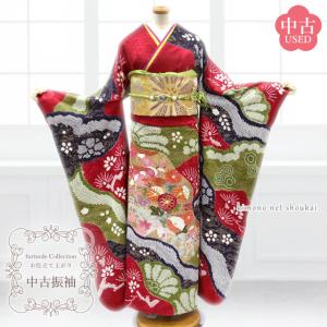 振袖 正絹 中古 ランクS 緑 黒 鹿の子 桜尽くし お仕立て上がり 単品