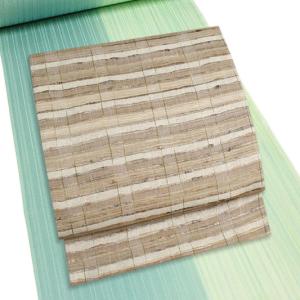 袋帯 正絹 野蚕シルク 紬 手紡ぎ 生成り ライトベージュ 横段 格子柄