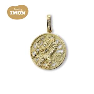 新品」18金 龍 ドラゴン ダイヤモンド付 ペンダント K18WG 丸型