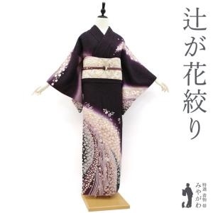訪問着 袷 着物 正絹 濃紫 三日月 すすき 楓 フォーマル 新古品 仕立て
