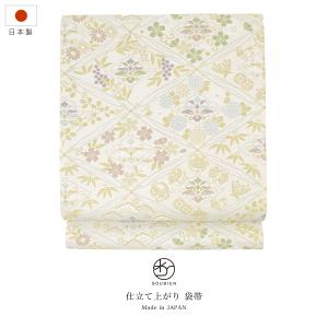 未仕立て】袋帯 振袖用 白 オフホワイト 金銀色 薔薇 バラ 菱 花 六通