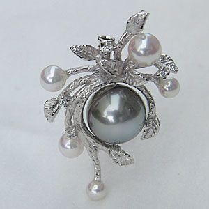 ブローチ 真珠 パール タヒチ黒蝶真珠 南洋白蝶真珠 ダイヤモンド 9.4
