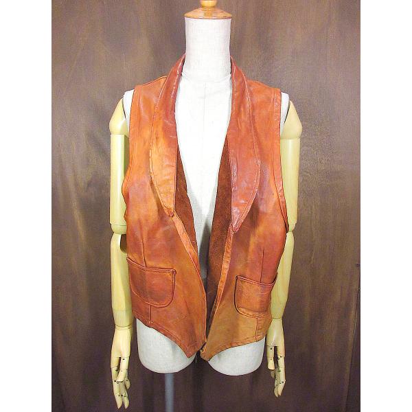 ビンテージ60's70's○レザーベスト茶○231005j3-m-vs古着1960s1970s革