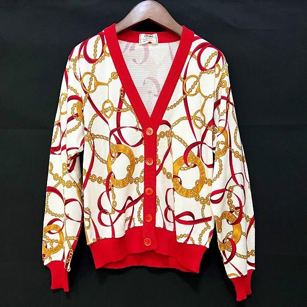 anc セリーヌ CELINE カーディガン 38 白 赤 黄色 ニット ヴィンテージ