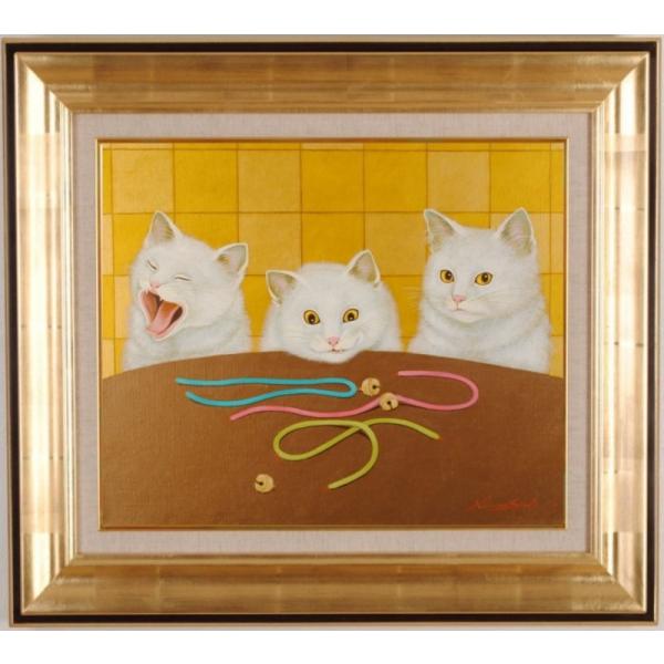 猫 絵画 白猫 油絵 油彩画 高橋伸子 「決定権」 額付き : アート