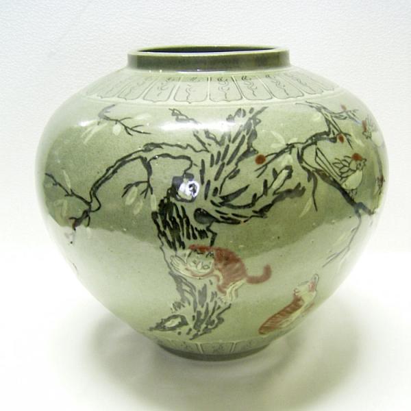 高麗青磁 辰砂 動物文壺 猫 鳥 高さ約24cm 李朝 陶磁器 韓国 朝鮮 美品