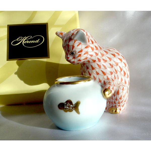 ヘレンド（HEREND） 金魚鉢をのぞきこむ猫 VH15740-0-00 レッド 新品箱