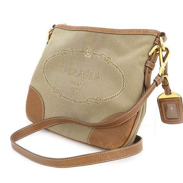 プラダ PRADA ベージュ キャメル キャンバス レザー ロゴジャガード