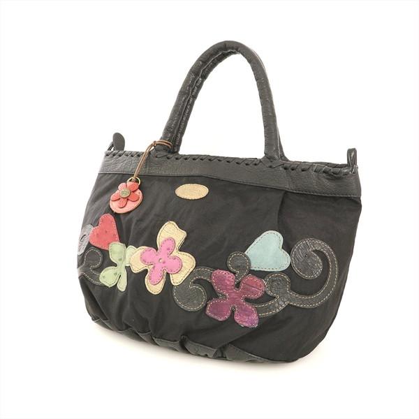 イビザ IBIZA ブラック 花柄 ナイロン レザー ハンドバッグ トート