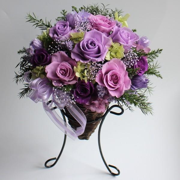 パープルローズのアイアンスタンド付きバスケット】プリザーブド