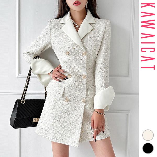 ジャケット レディース 長袖 2WAY ミニ ワンピース ツイード Vネック