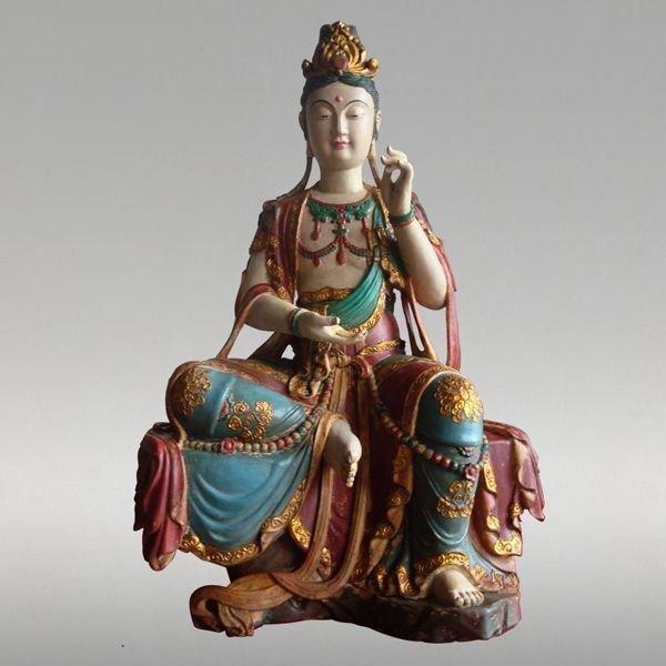 仏像 彩絵観音菩薩坐像 古色仕上げ 観音 ご本尊 仏教 置物 インテリア