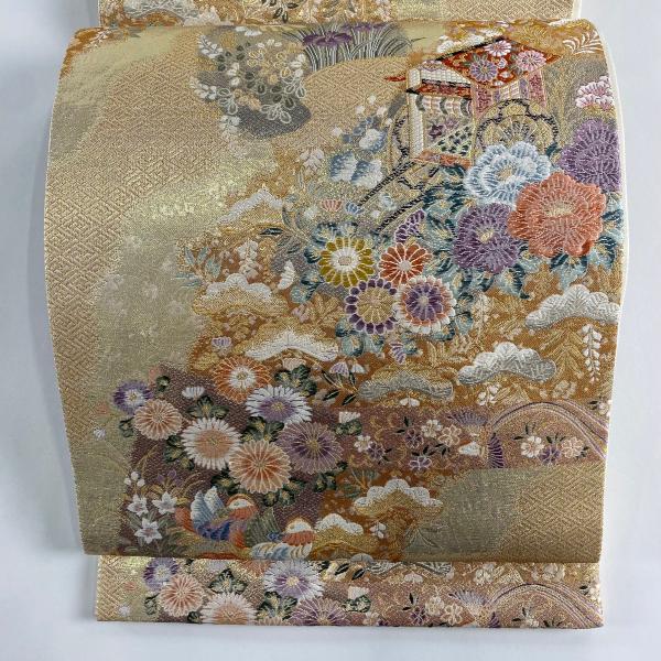 袋帯 美品 秀品 道長取蒔絵文 御所車 金糸 箔 金色 六通 正絹 中古