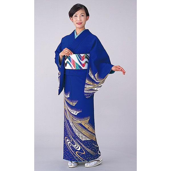 訪問着 胴抜き 女性 踊り 絵羽 洗える着物 紺青色 束ね熨斗 流水