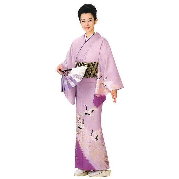 訪問着 女性 プレタ 踊り 絵羽 洗える着物 紅藤 丹頂鶴 : カメヤ