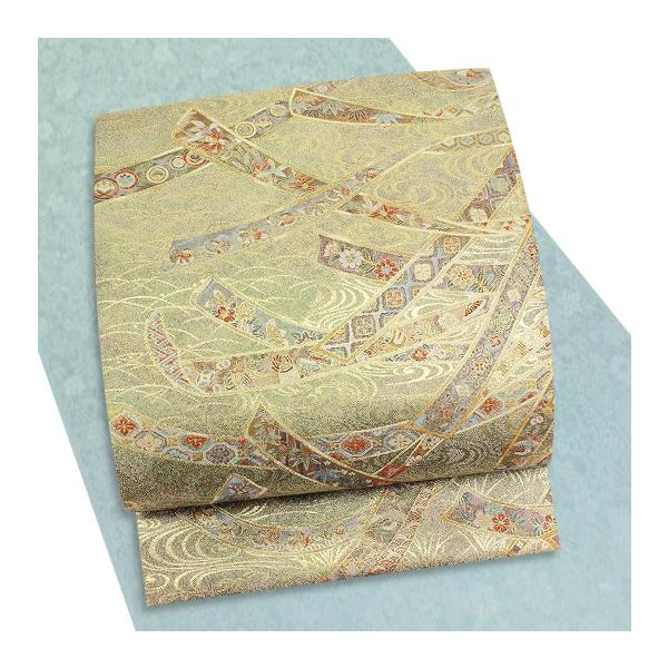 袋帯 正絹 新品 西陣 あさぎ プラチナ箔 花熨斗月次絵文様 未仕立て 塚