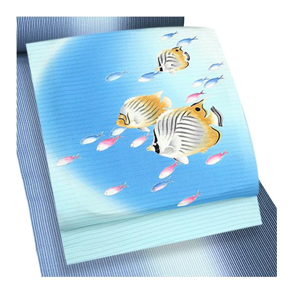 夏物 名古屋帯 十日町友禅 塩瀬 秀美 絽 水色 熱帯魚 トゲ