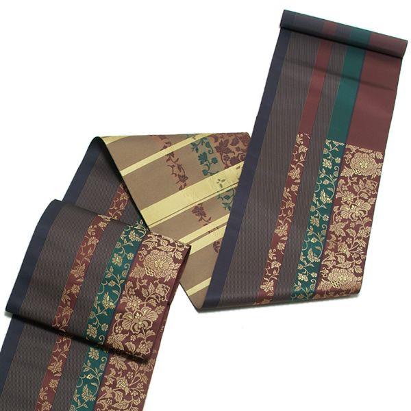 Prices down2）本場筑前博多織 名古屋帯「焦げ茶色 華文縞」 未仕立て