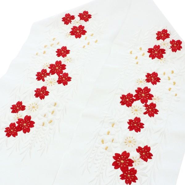 振袖 半襟 刺繍「赤白桜と藤」赤 白 花 衿秀 刺繍半襟 振袖用半衿 前