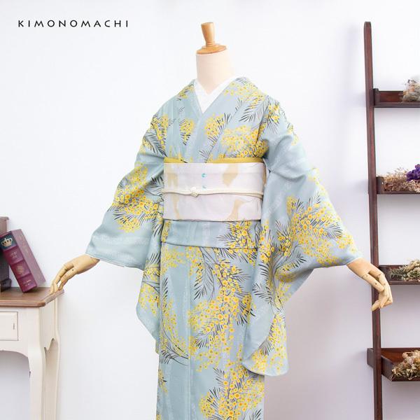 KIMONOMACHI 二尺袖着物 単品 「ミモザに立涌 錆青磁色」 KIMONOMACHI