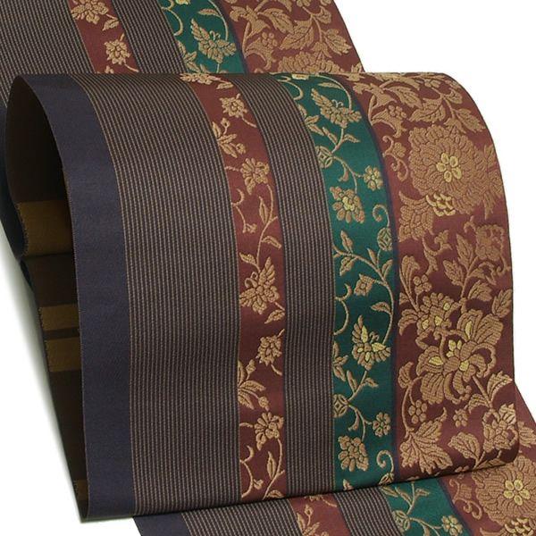 Prices down2）本場筑前博多織 名古屋帯「焦げ茶色 華文縞」 未仕立て