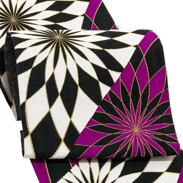 Prices down4）振袖 帯 「紫、黒 スパイラル菊」 日本製 西陣織 証紙