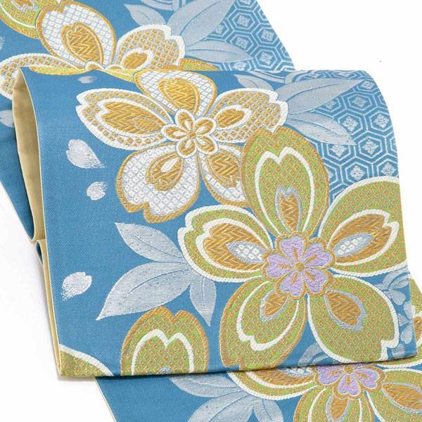 Prices down4）振袖 帯 「青色 雪輪に桜」 日本製 西陣織 証紙番号2293