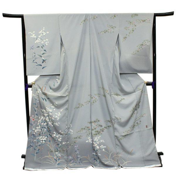 正絹訪問着 未仕立て 仮絵羽 ブルーグレー地松と椿模様 松彩 : 京都