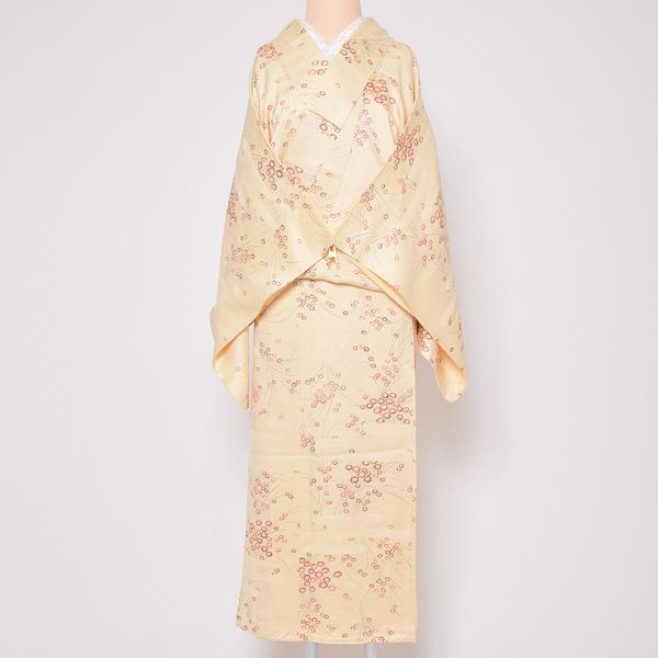 Prices down3）(中古品)仕立て上がり 単衣着物 「クリーム色 水面地紋