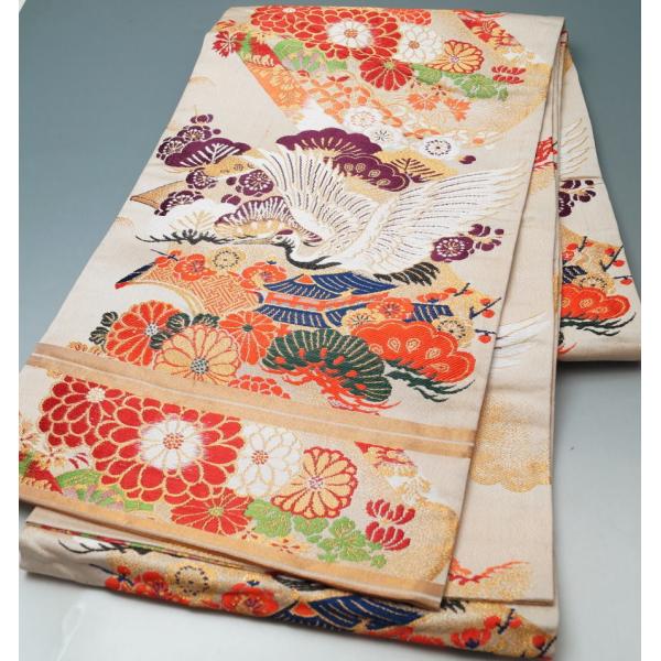 アンティーク 丸帯 全通リバーシブル 鶴・文庫×鷹・松 正絹 素材向き