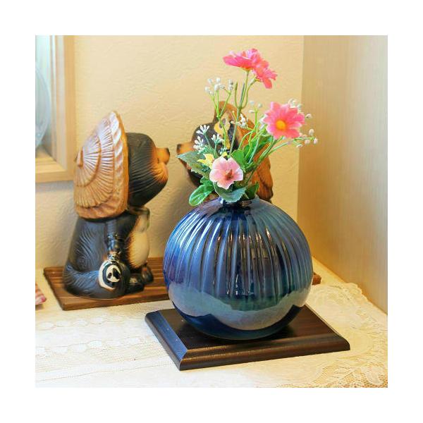 信楽焼 花瓶 青ガラス 彫り 丸 5号 おしゃれ 一輪挿し 小さい 花入