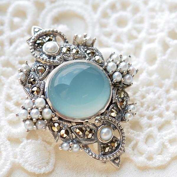 碌山 ブルーカルセドニー シードパール ブローチペンダント うるっと