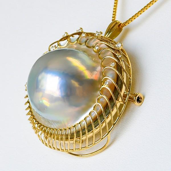 29mm ブルー マベ真珠 ダイヤモンド K18YG ブローチペンダント 極上に