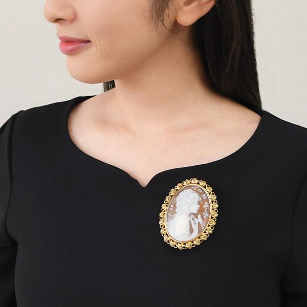 シェル カメオ ブローチペンダント K18YG 緻密な彫刻が美しい