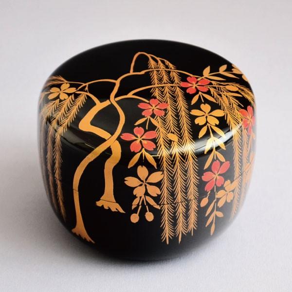 茶道具 棗 筑城筑良作 柳桜蒔絵 大平棗 木製・本漆塗・切合口 : 茶道具